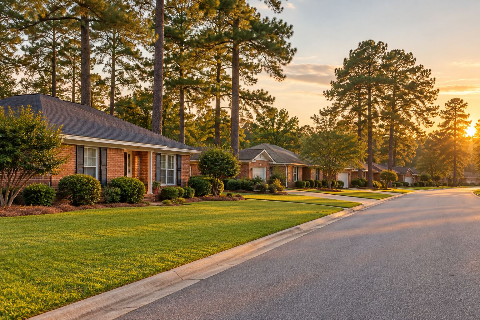 A quiet Lexington County, South Carolina neighborhood street at golden hour, illustrative