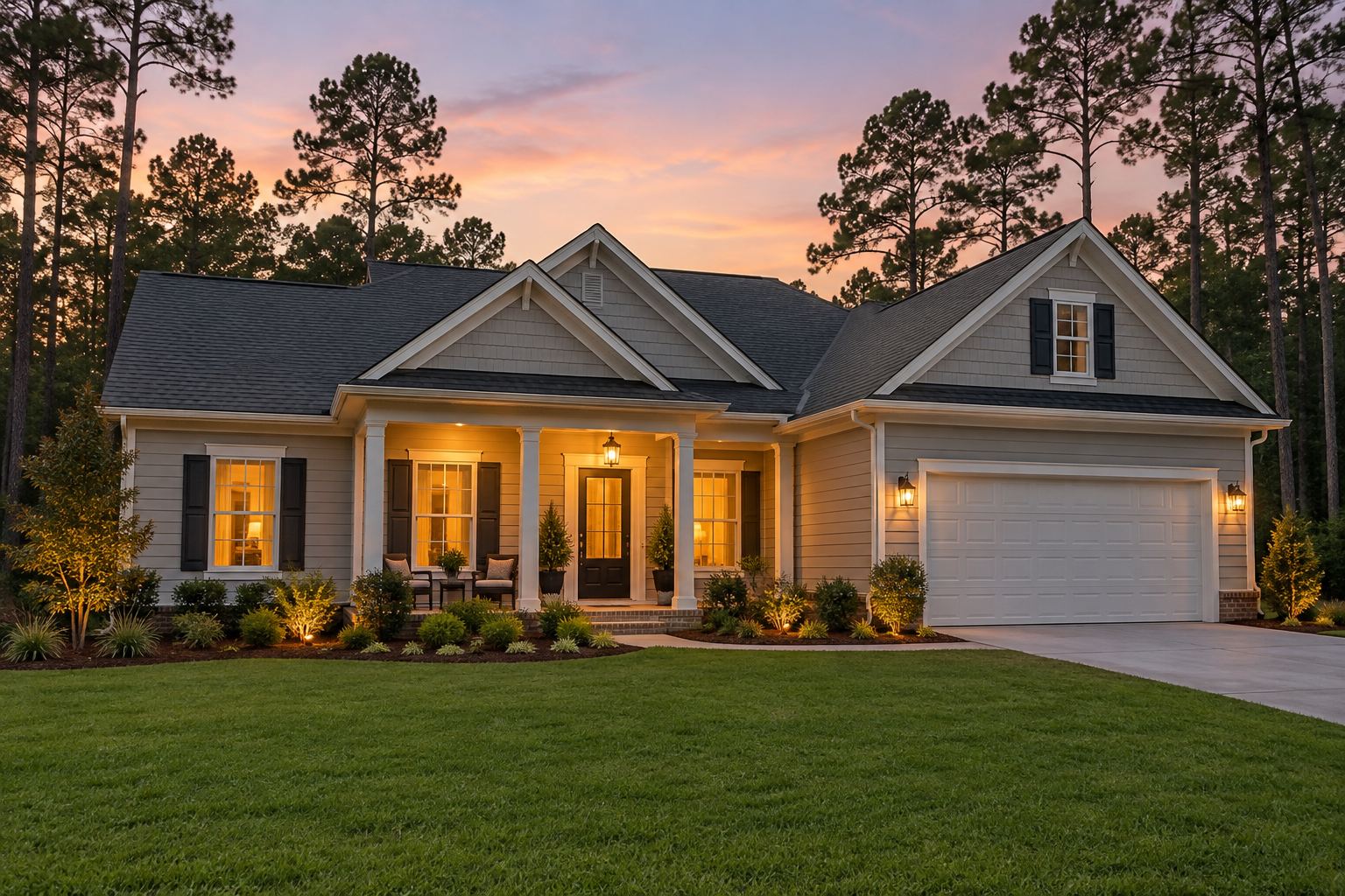 A South Carolina home exterior at dusk, illustrative